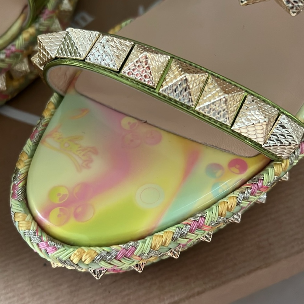 New Christian Louboutin Green Wedge Sandals Studded Italy Size 37 AUTHENTIC - Picture 4 of 11